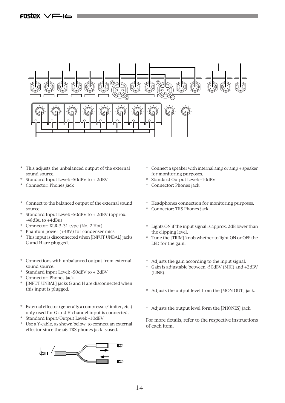 Top panel, [input] (unbalanced) jack: a to f, [input bal] (balanced) jack: g, h | [input unbal] (unbalanced) jack: g, h, [insert] jack: g, h, [mon out] (monitor output) jack: l, r, [phones] (headphones) jack, [peak] led: 1 to 8, [trim] knob: 1 to 8, [mon out] (monitor output) knob | Fostex VF-16 User Manual | Page 14 / 122