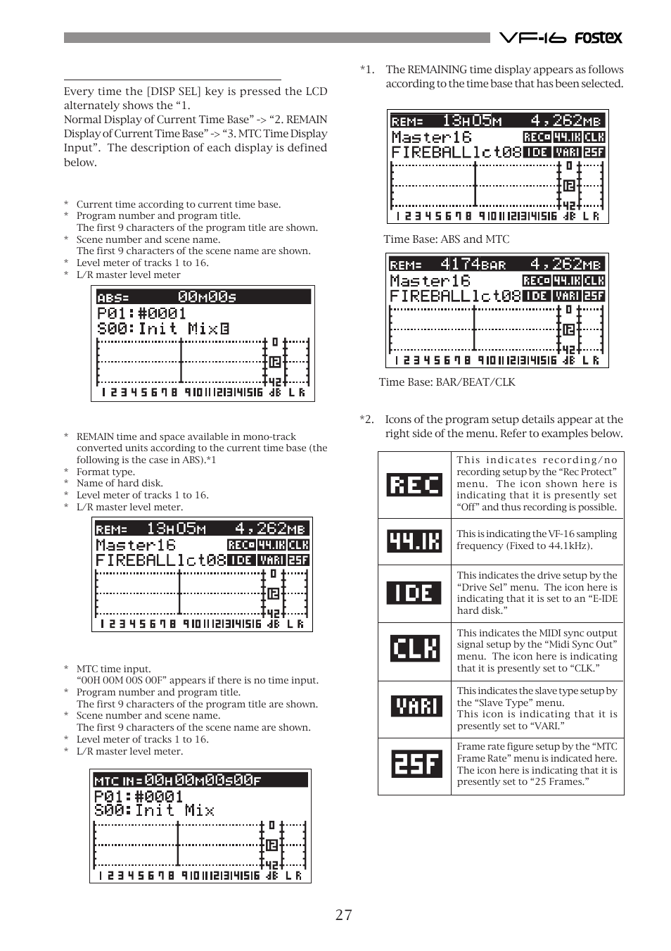 Switching with [disp sel] key, Normal display of current time base, Remain display of current time base | Mtc time display input | Fostex VF-16 User Manual | Page 27 / 122