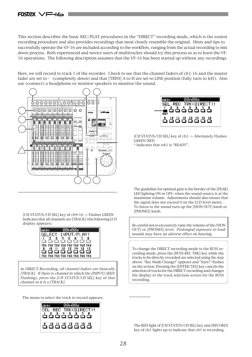 Instructions for direct record, Recording to one track, Preparing to record (refer to figure above) | Record | Fostex VF-16 User Manual | Page 28 / 122