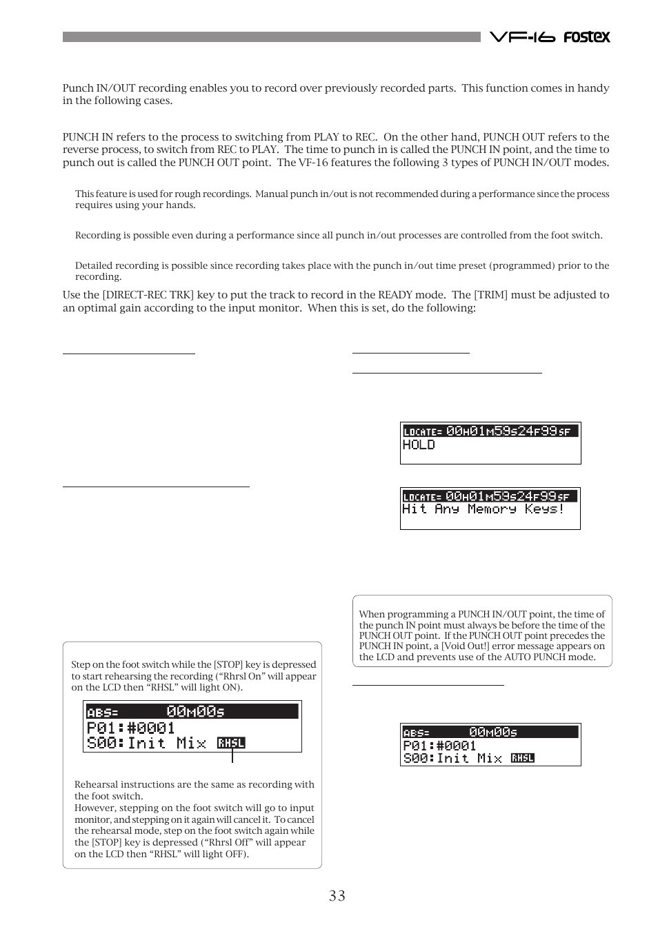 Punch in/out, Manual punch in/out, Punch in/out with foot switch | Auto punch in/out | Fostex VF-16 User Manual | Page 33 / 122