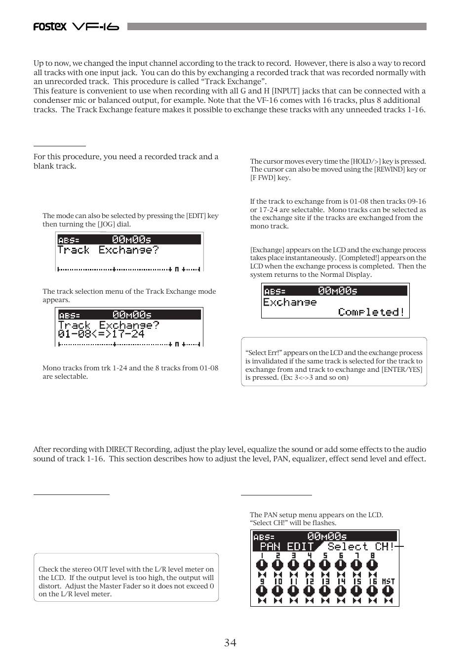 Track exchange, Mixing, Instructions | Level adjustment, Pan adjustment | Fostex VF-16 User Manual | Page 34 / 122