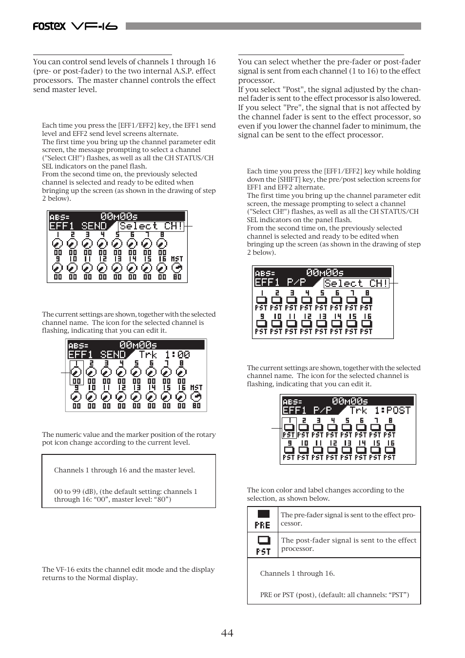 Controlling effect send level, Selecting pre/post of effect sends | Fostex VF-16 User Manual | Page 44 / 122
