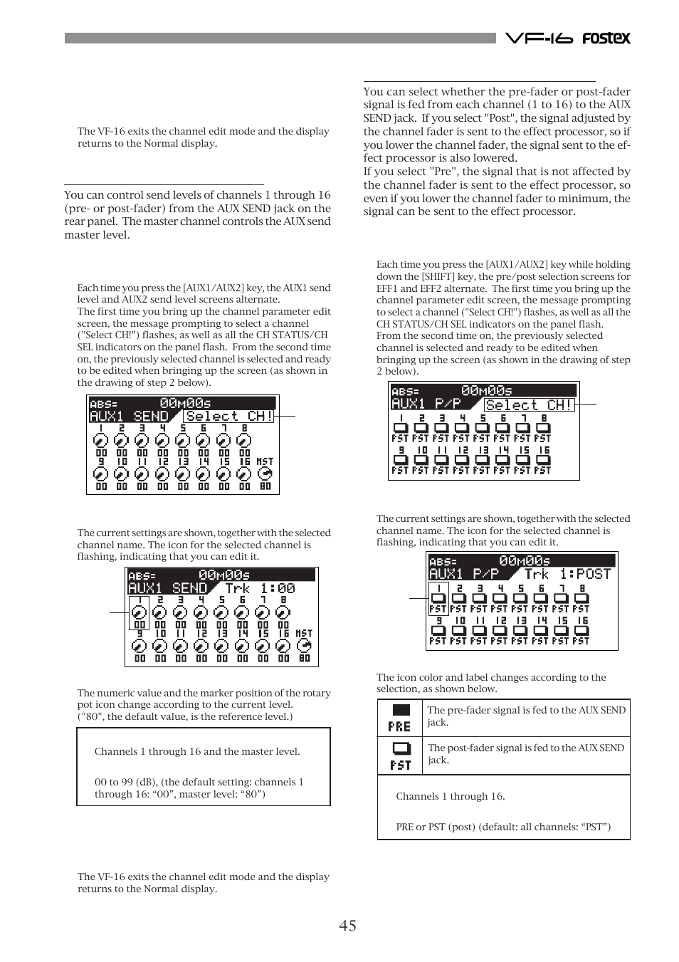 Controlling aux send level, Selecting pre/post of aux sends | Fostex VF-16 User Manual | Page 45 / 122