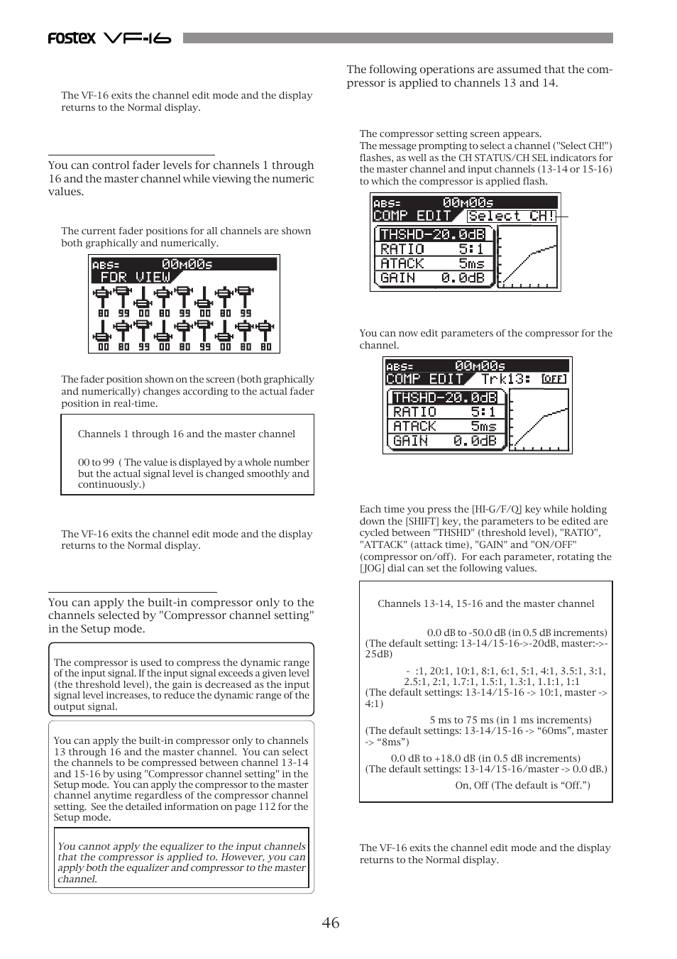 Controlling fader levels, Setting the compressor | Fostex VF-16 User Manual | Page 46 / 122