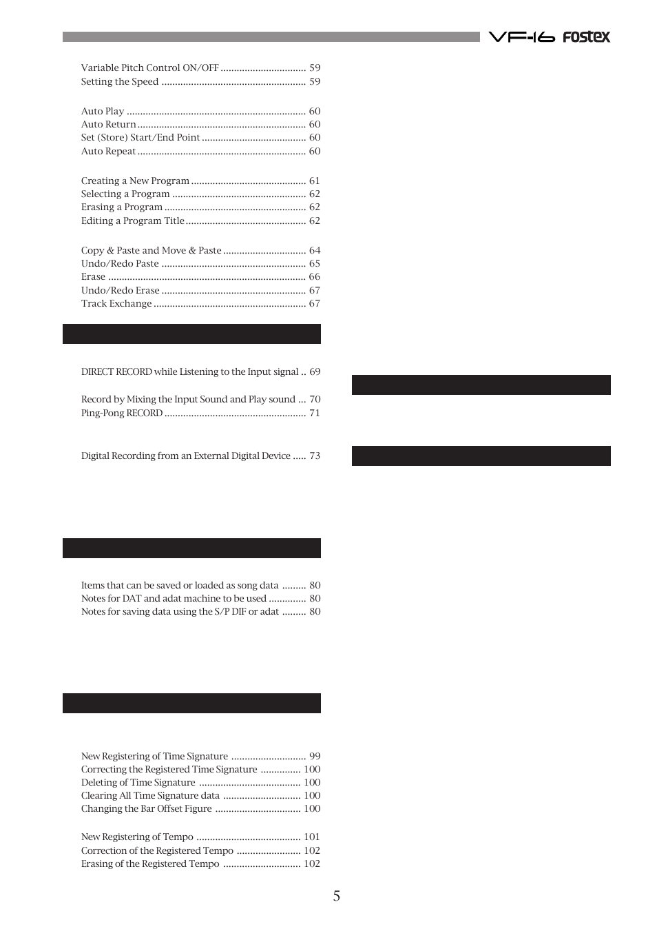 Chapter 5 features application, Chapter 6 save/load of song data, Chapter 7 setup mode | Trouble shooting, Others | Fostex VF-16 User Manual | Page 5 / 122