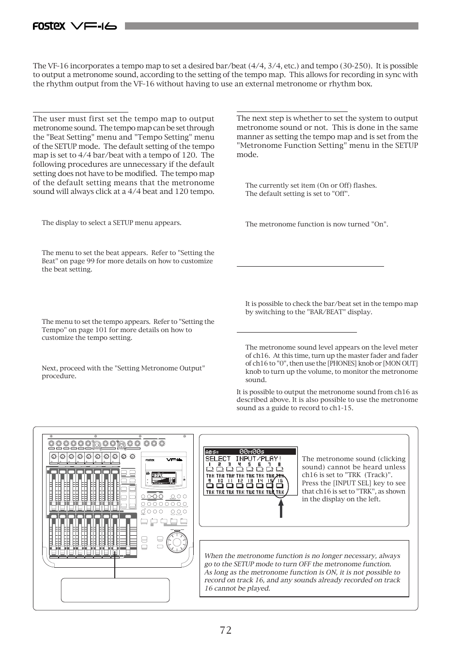 Metronome function, Setting the tempo map, Setting metronome output | Set the time base to the bar/beat, Checking metronome sound | Fostex VF-16 User Manual | Page 72 / 122