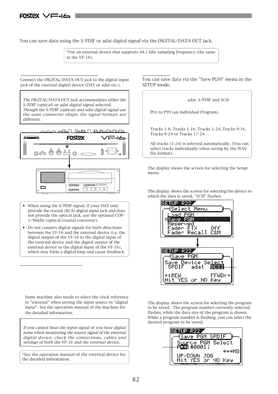 Connecting to an external device, Setting the external device, Saving data | Press the [setup] key to enter the setup mode | Fostex VF-16 User Manual | Page 82 / 122