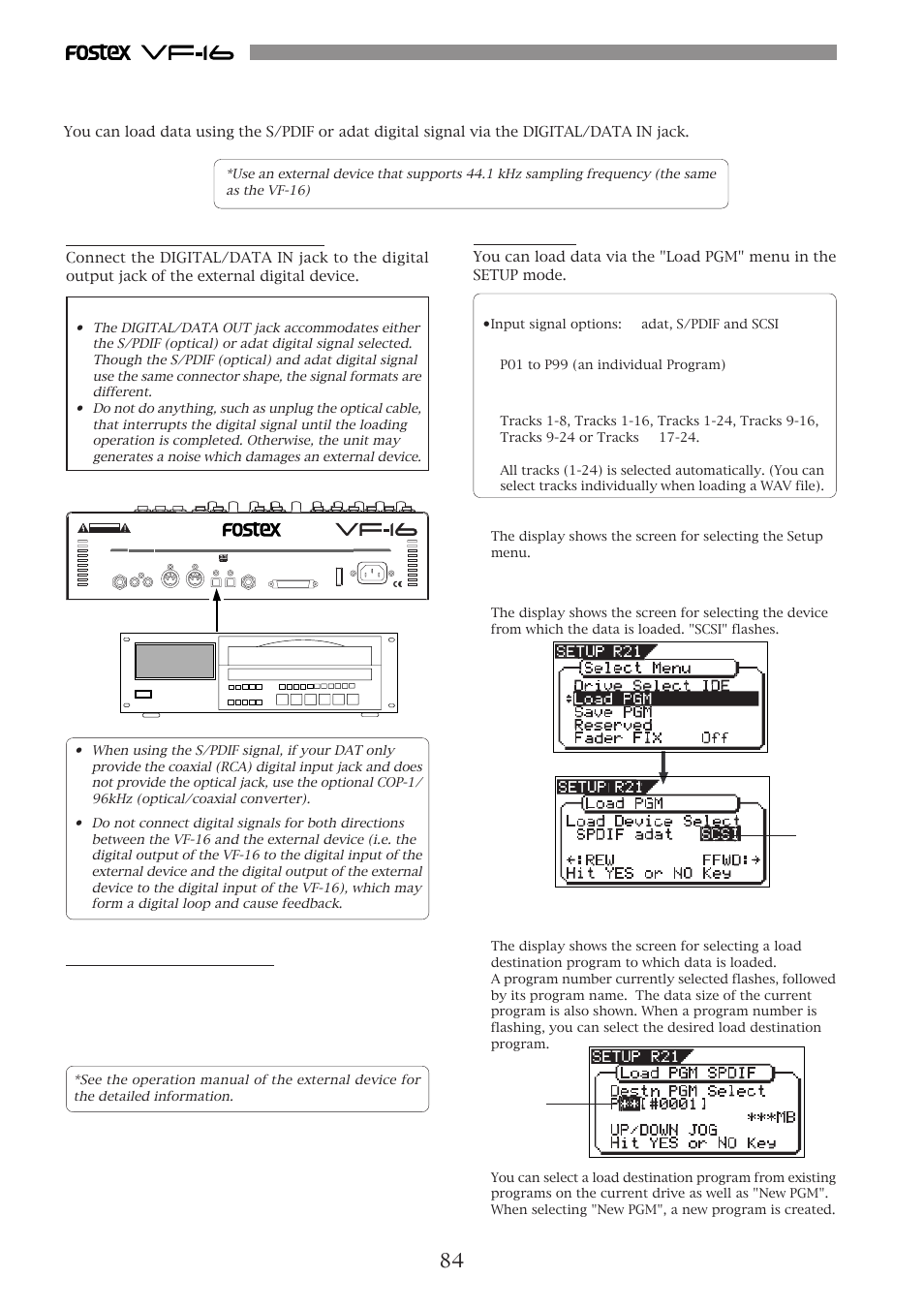 Connecting to an external device, Setting the external device, Loading data | Press the [setup] key to enter the setup mode | Fostex VF-16 User Manual | Page 84 / 122