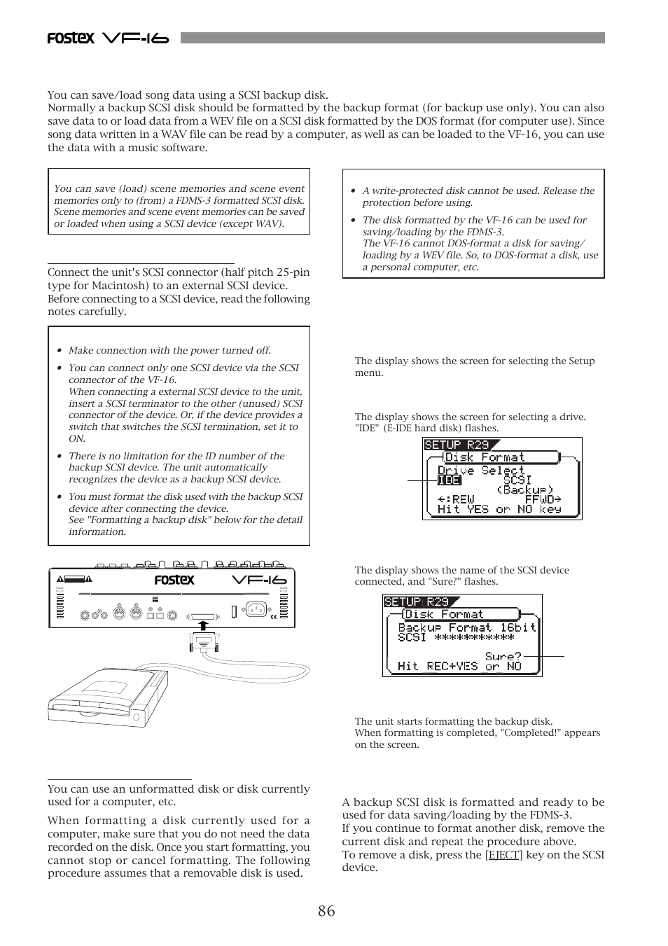 Saving/loading data using scsi, Connecting to an external device, Formatting a backup disk | Risk of electric shock do not open | Fostex VF-16 User Manual | Page 86 / 122