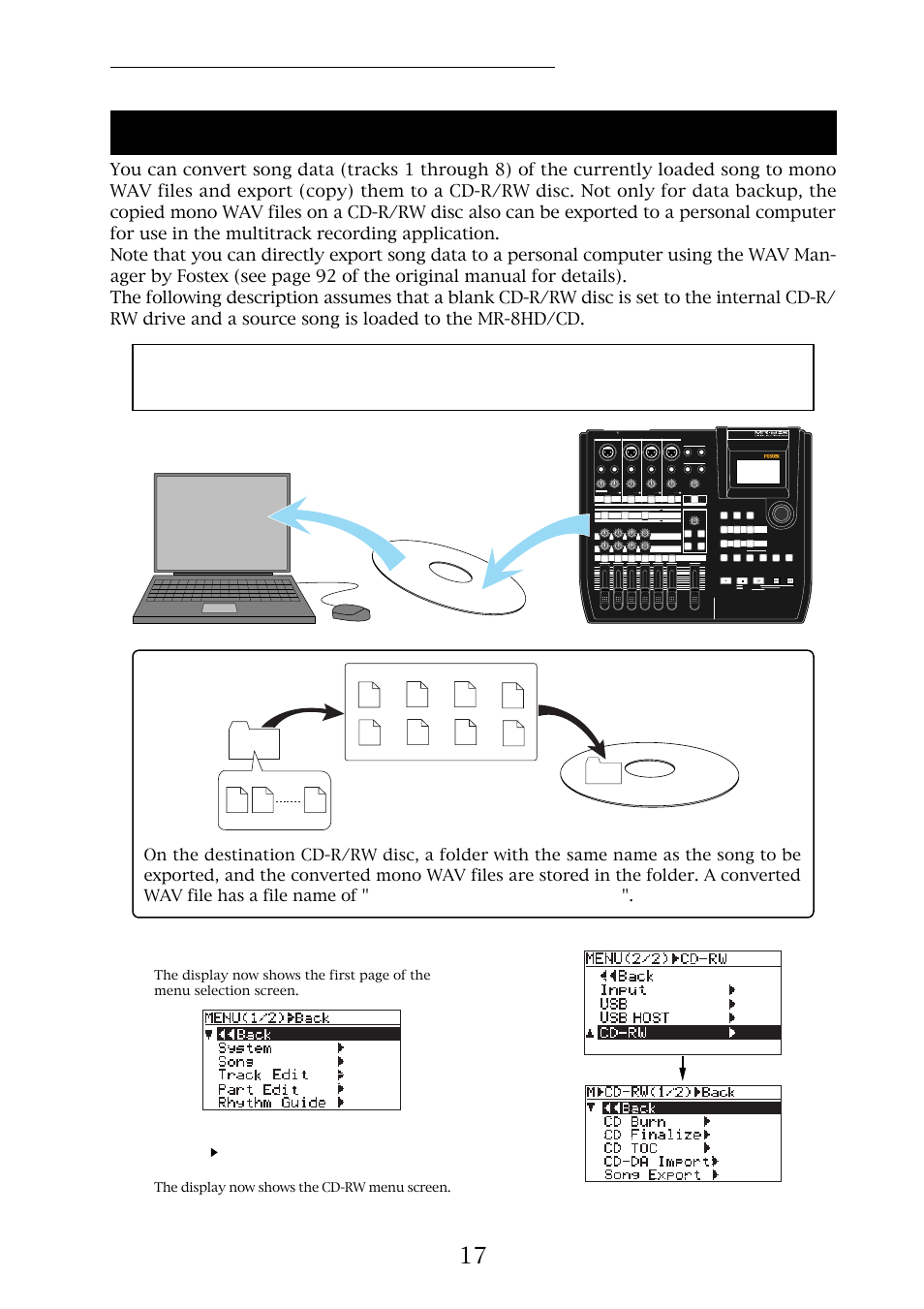 Exporting song data to a cd-r/rw disc, Mr-8hd/cd supplementary manual | Fostex MR-8HD/CD User Manual | Page 17 / 28