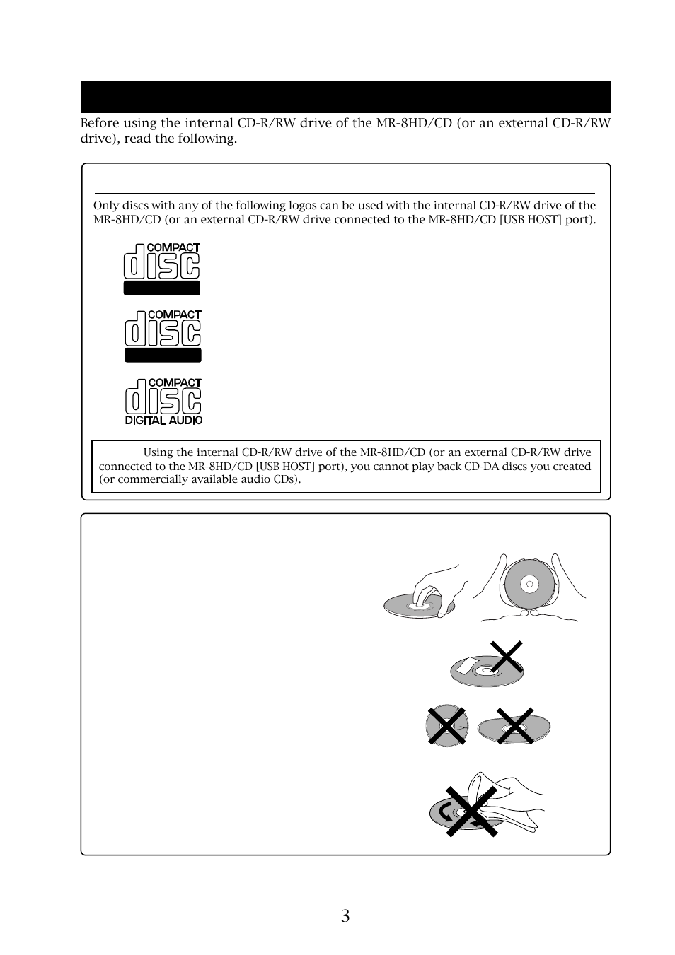 Please read before using, Usable discs, Handling of cd-r/rw discs | Fostex MR-8HD/CD User Manual | Page 3 / 28