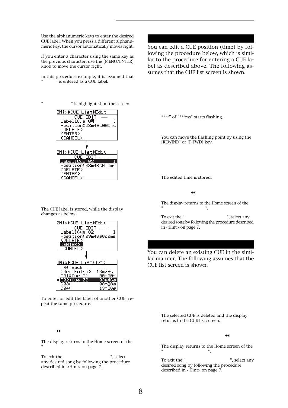 Editing a cue position deleting a cue, Mr-8hd/cd supplementary manual | Fostex MR-8HD/CD User Manual | Page 8 / 28