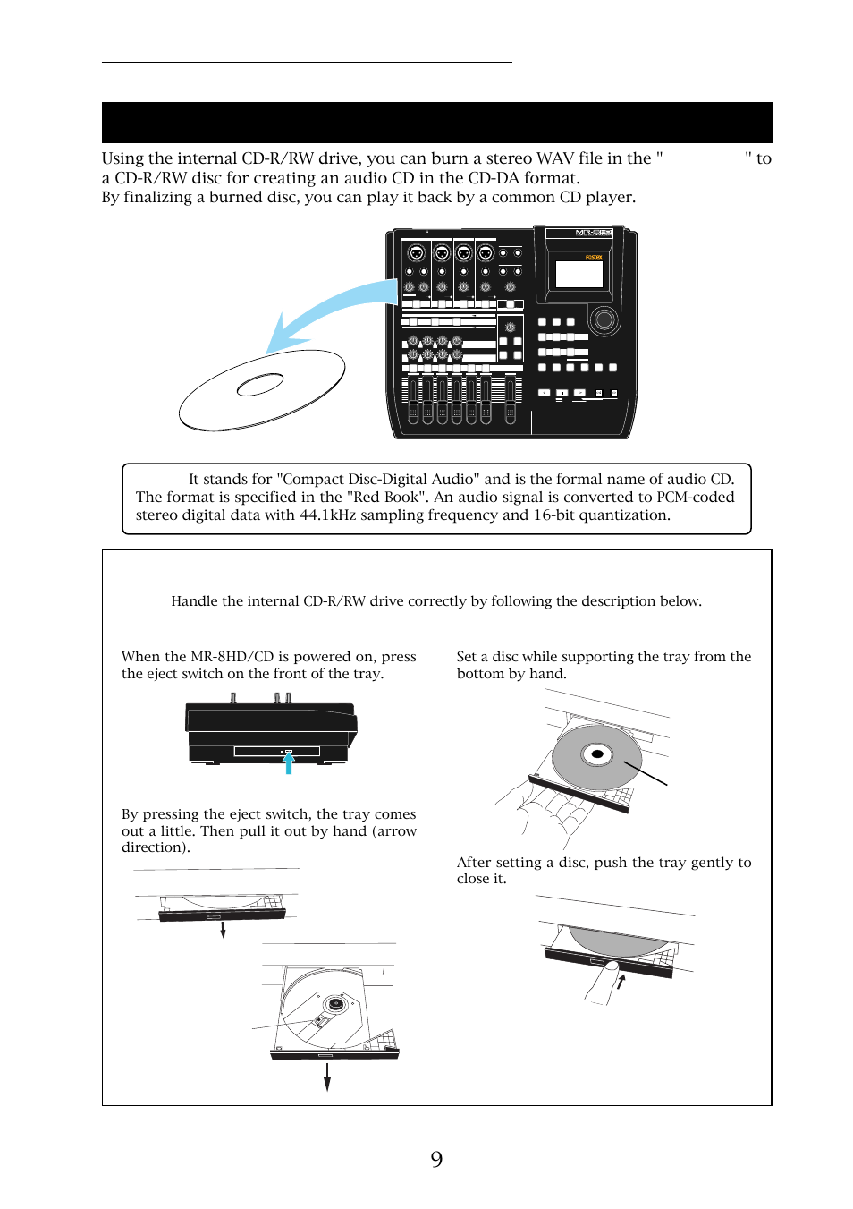 How to handle the internal cd-r/rw drive, Mr-8hd/cd supplementary manual, 1) opening the tray | 2) setting a disc and closing the tray, Locate, Dynamic condenser tube, Guitar, Power, 60's combo us metal brit stack, Cd-r/rw disc mr-8hd/cd | Fostex MR-8HD/CD User Manual | Page 9 / 28