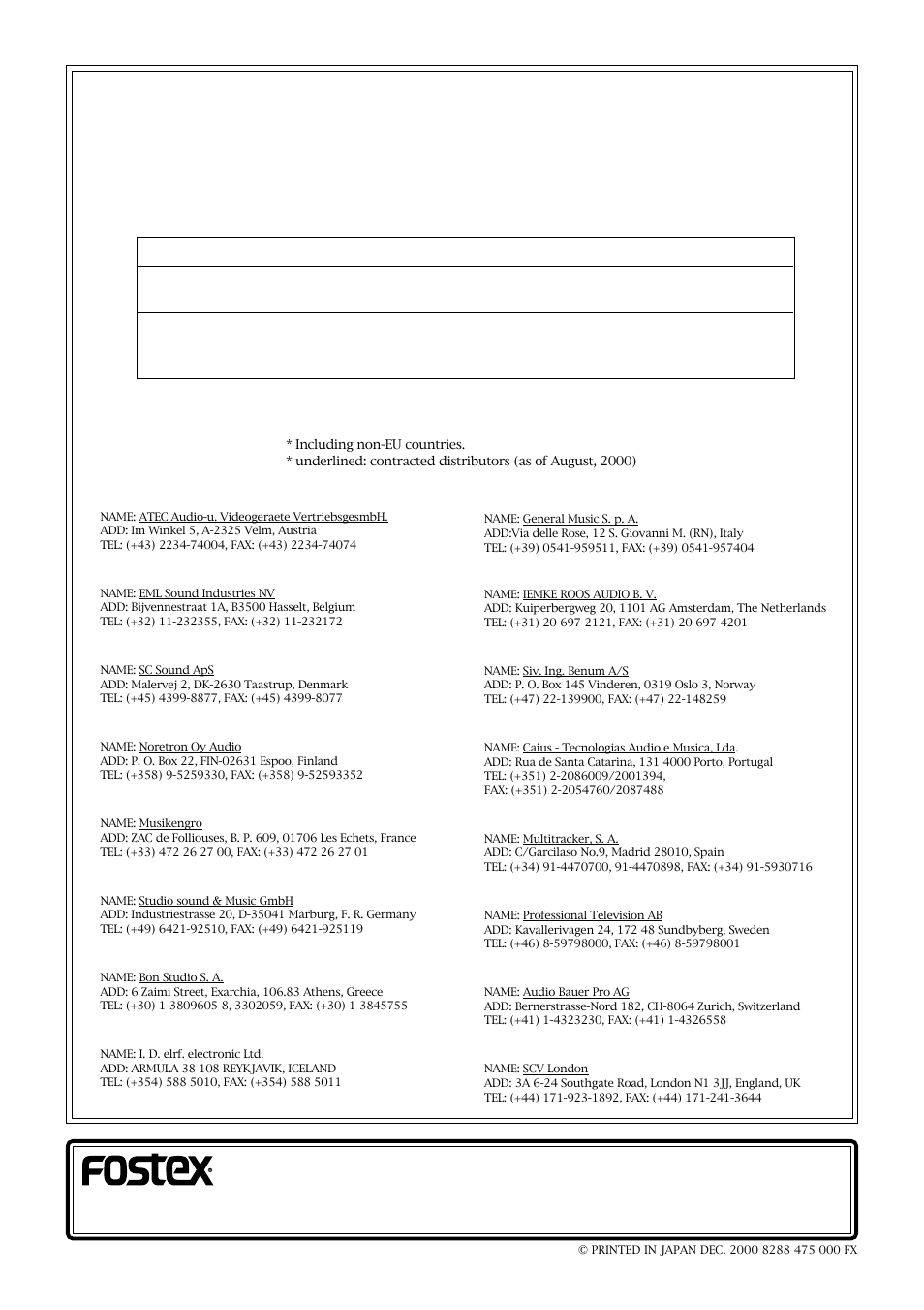 Declaration of ec directive, Fostex distributors list in europe, The affect of immunity on this equipment | Fostex AC2496 User Manual | Page 12 / 12