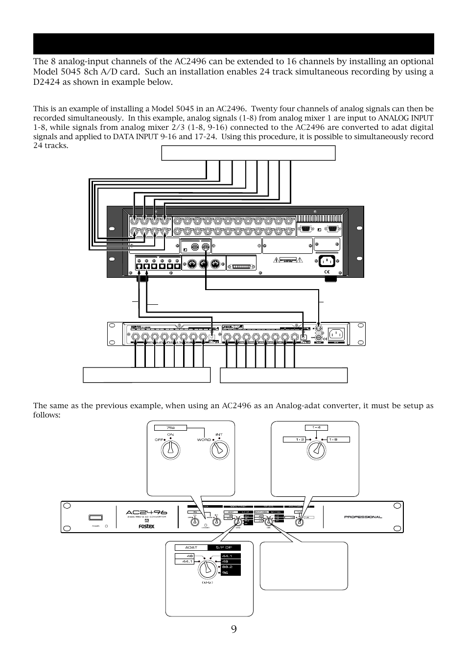 Extension example after installing a model 5045, Setup of the ac2496, Master) (slave) | Output input output, Input, Analog mixer-1 analog mixer-3 analog mixer-2, Adat digital signal (1-8) word clock | Fostex AC2496 User Manual | Page 9 / 12