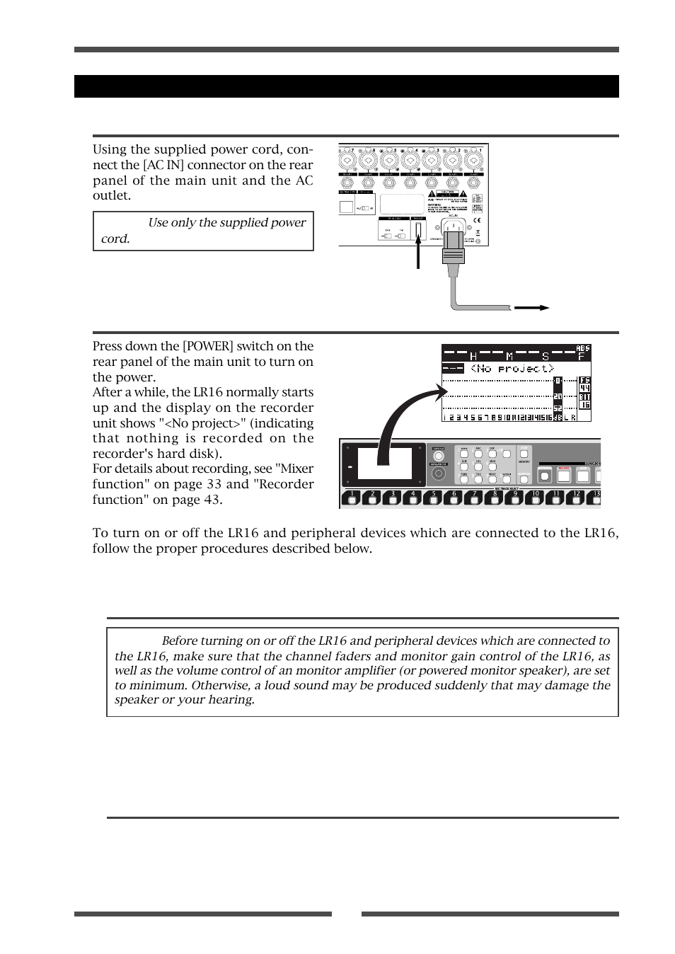 Connecting the power cord turning on the power | Fostex LIVE RECORDING MIXER LR16 User Manual | Page 17 / 92