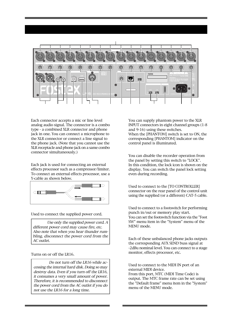 Main unit (rear panel), 1) [input (1 through 16)] connectors, 2) [insert (1 through 8)] jacks | 3) [ac in] connector, 4) [power] switch, 6) [panel lock (on/off)] switch, 7) [controller] connector, 8) [foot sw] jack, 9) [aux send (1, 2, 3)] jacks, 10) [midi out] port | Fostex LIVE RECORDING MIXER LR16 User Manual | Page 29 / 92