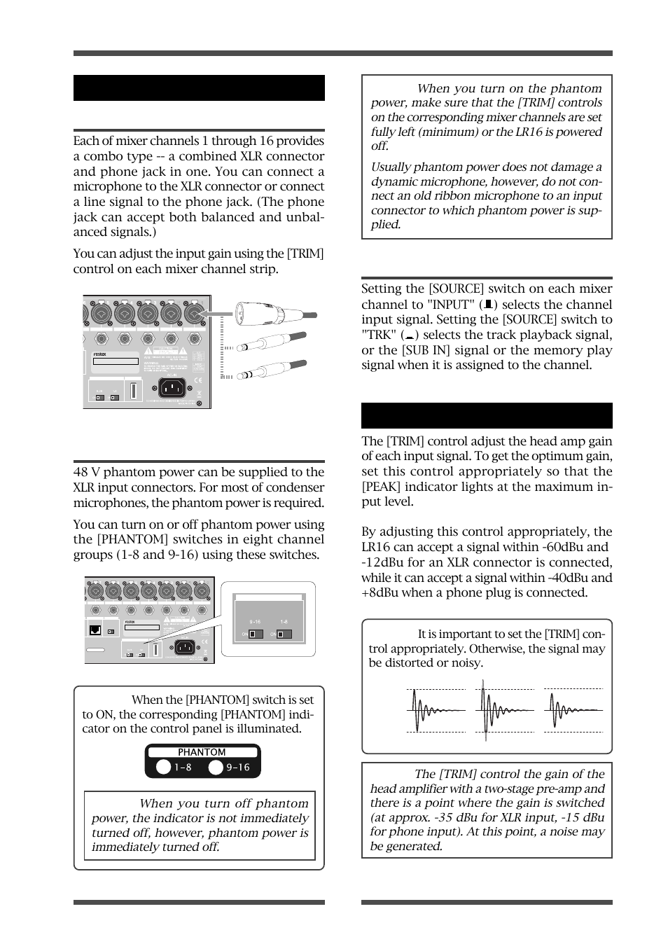 Connecting sources adjusting the input level, Selecting channel source, Model lr16 [mixer functions | Fostex LIVE RECORDING MIXER LR16 User Manual | Page 35 / 92