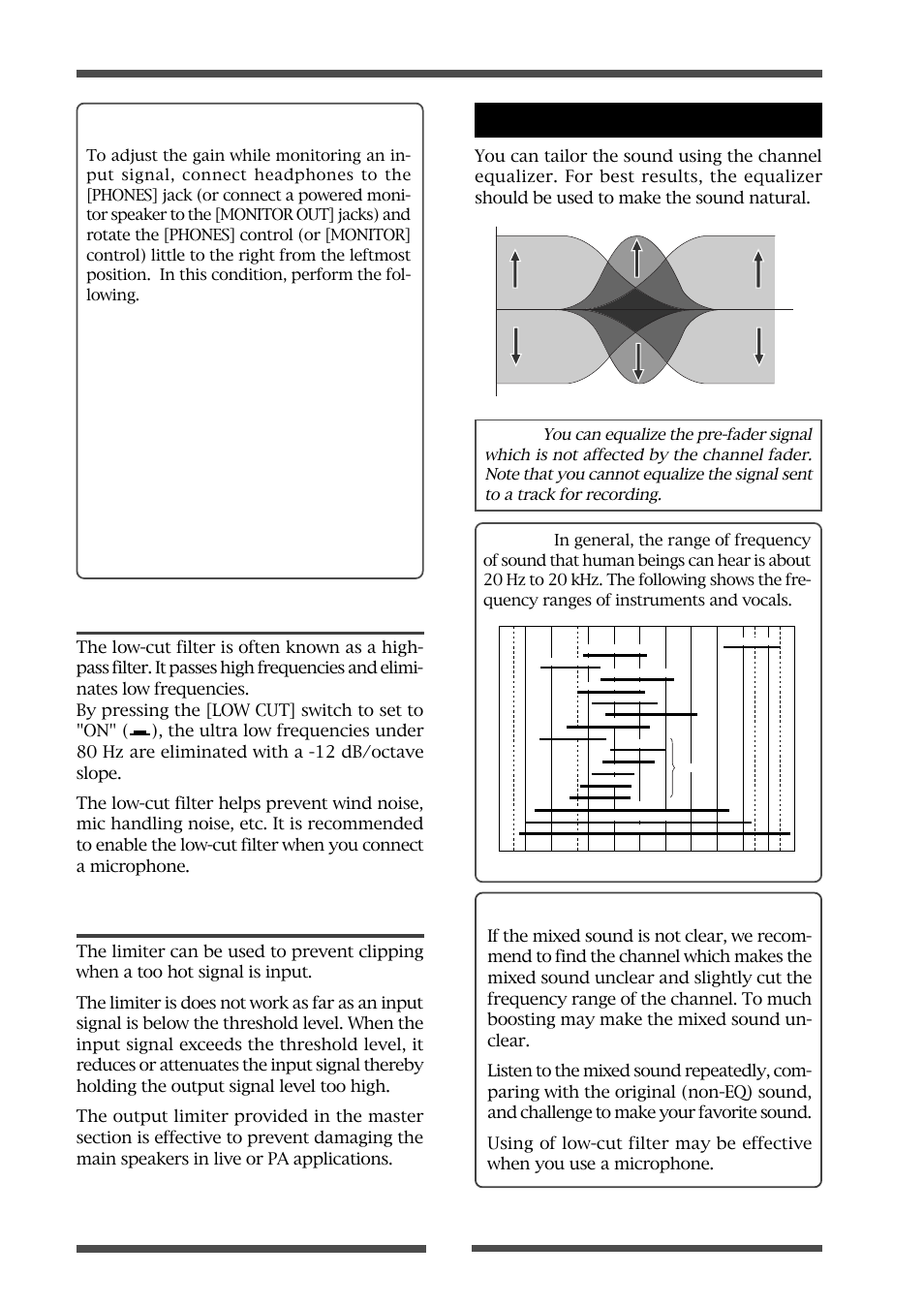 Equalizer, Tips for equalizing, Gain adjustment while monitoring | Low-cut filter, Limiter | Fostex LIVE RECORDING MIXER LR16 User Manual | Page 36 / 92