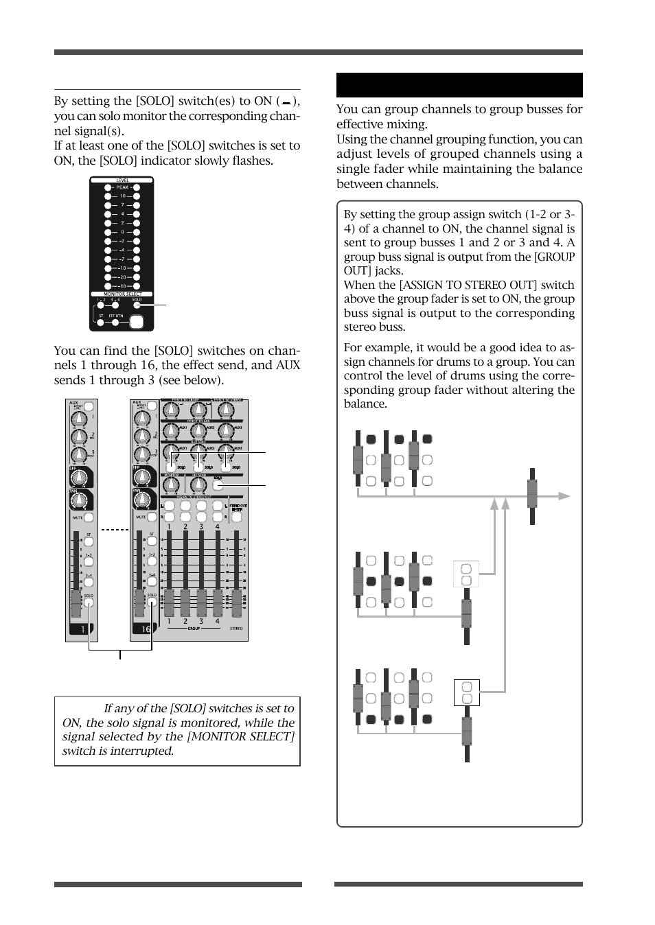 Channel grouping, Solo monitor | Fostex LIVE RECORDING MIXER LR16 User Manual | Page 40 / 92