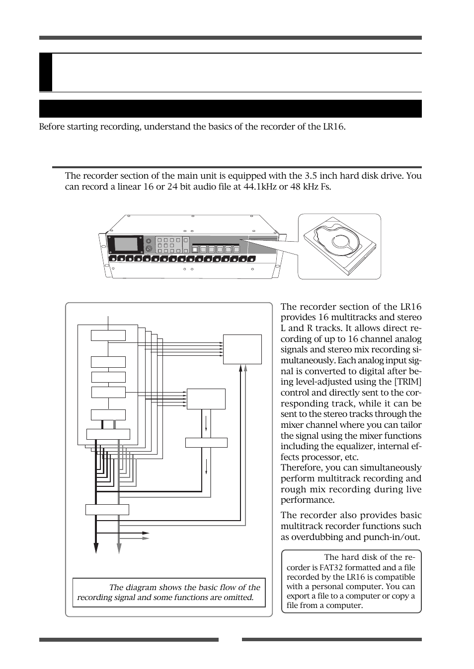 Recording/playback, Recording format, Recorder basics | Fostex LIVE RECORDING MIXER LR16 User Manual | Page 44 / 92