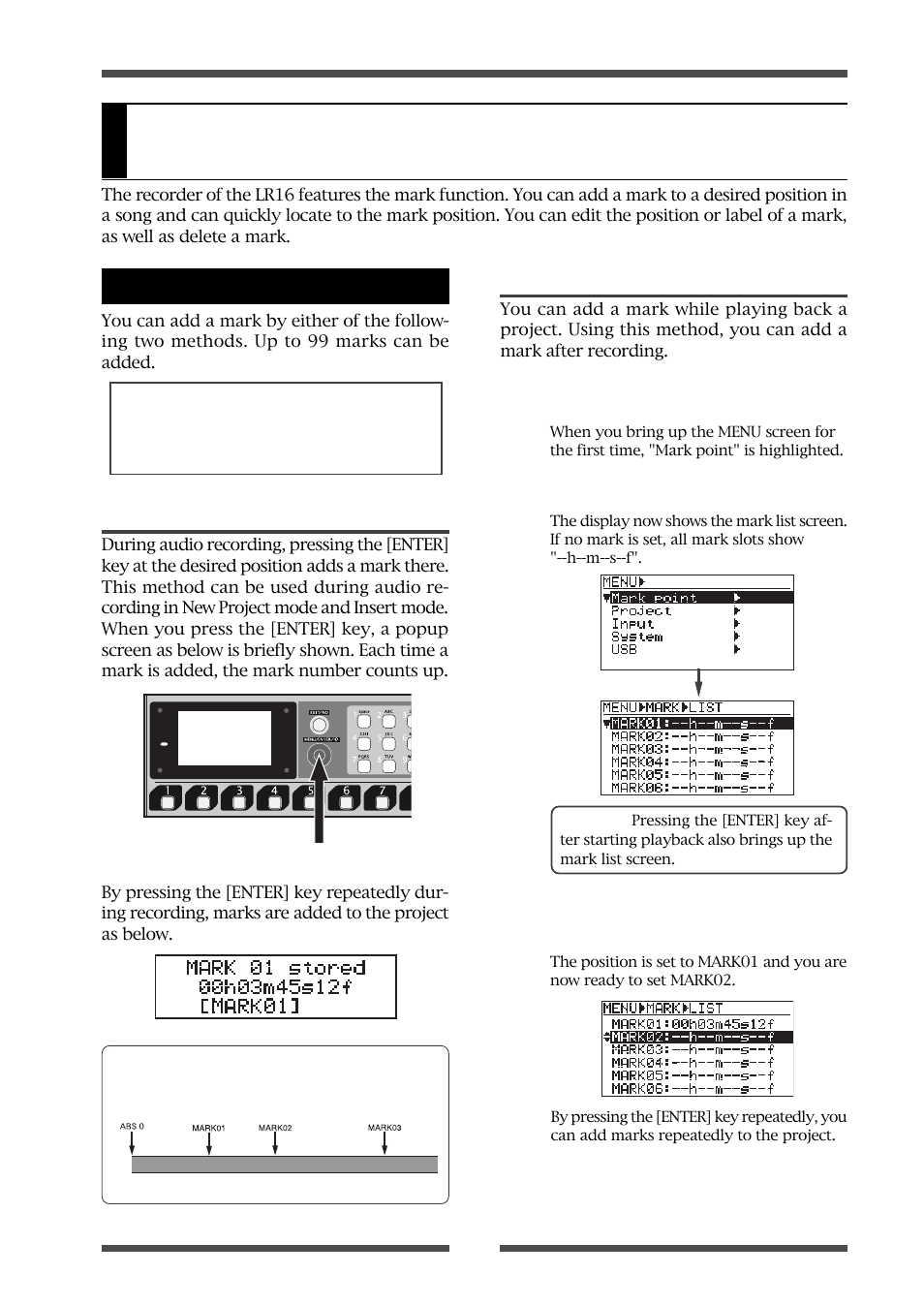 Mark function | Fostex LIVE RECORDING MIXER LR16 User Manual | Page 61 / 92