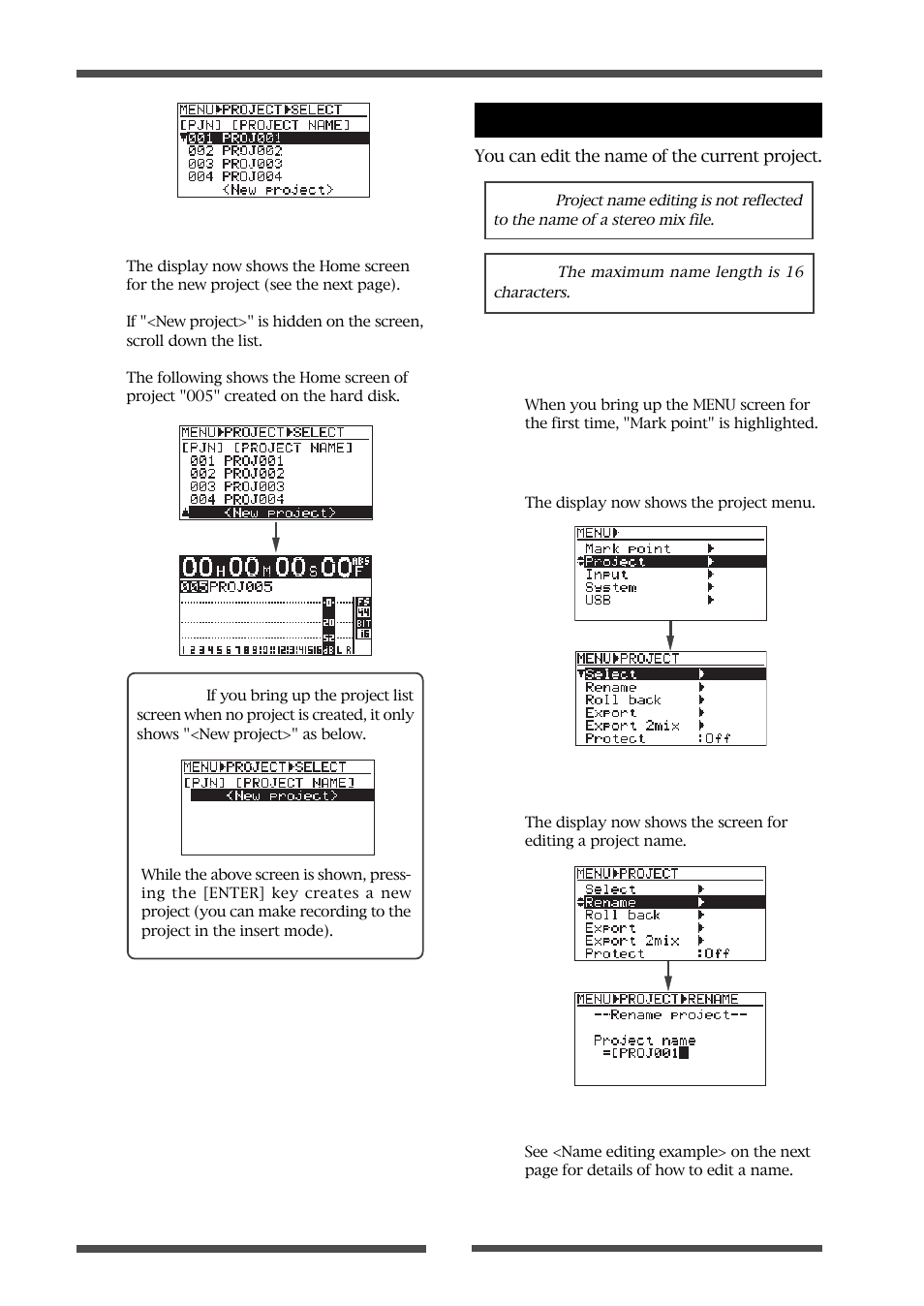 Editing a project name | Fostex LIVE RECORDING MIXER LR16 User Manual | Page 66 / 92
