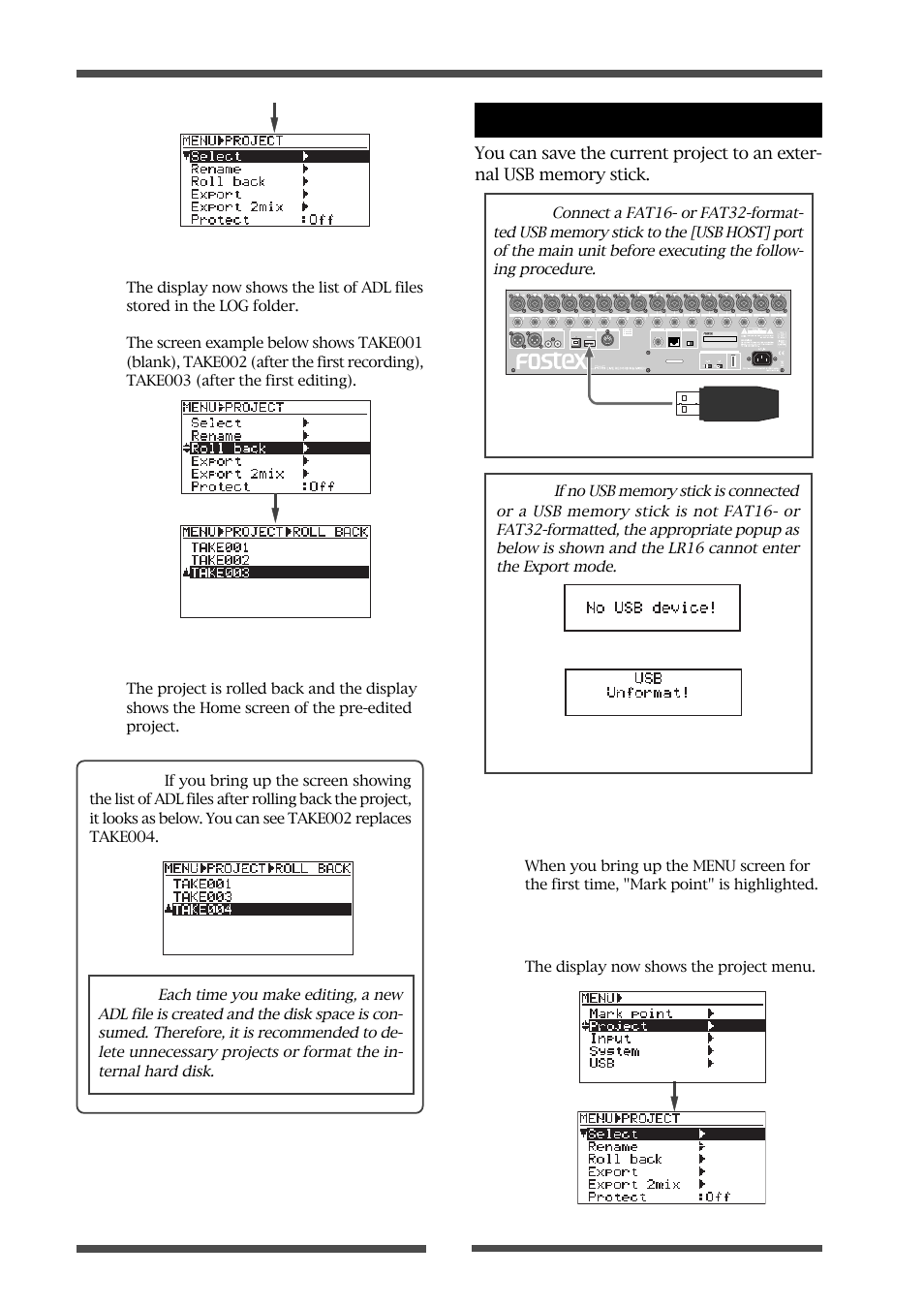 Saving a project to an external medium | Fostex LIVE RECORDING MIXER LR16 User Manual | Page 68 / 92