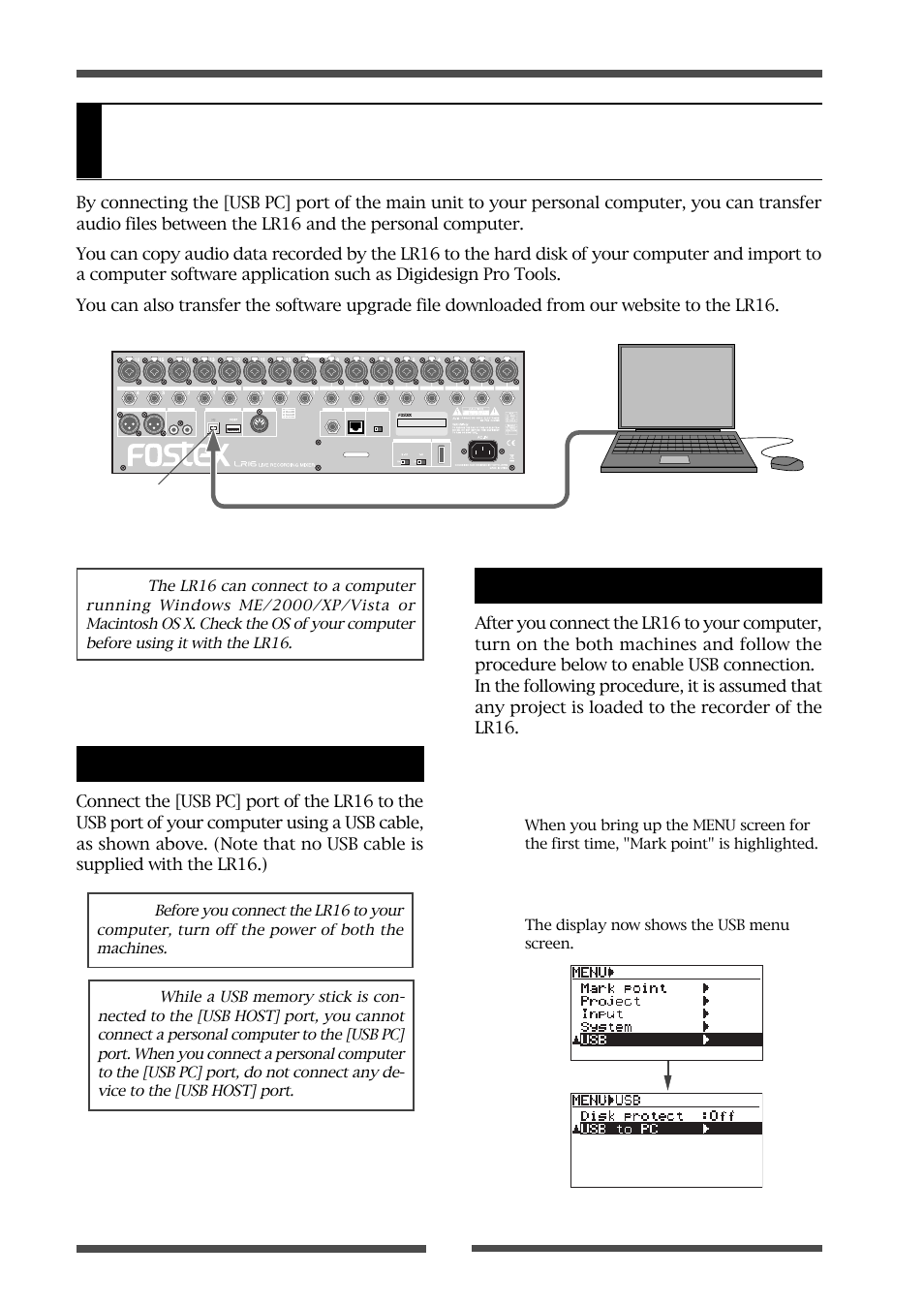File transfer to/from a computer, Enabling usb connection | Fostex LIVE RECORDING MIXER LR16 User Manual | Page 74 / 92