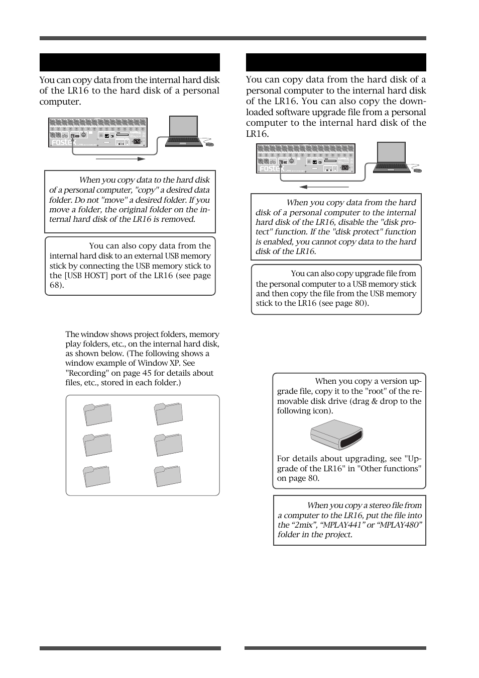 Copying data from the lr16 to a computer, Copying data from a computer to the lr16 | Fostex LIVE RECORDING MIXER LR16 User Manual | Page 76 / 92