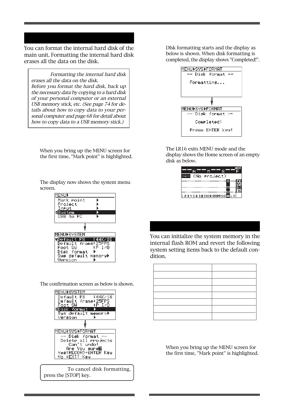 Formatting the internal hard disk | Fostex LIVE RECORDING MIXER LR16 User Manual | Page 78 / 92