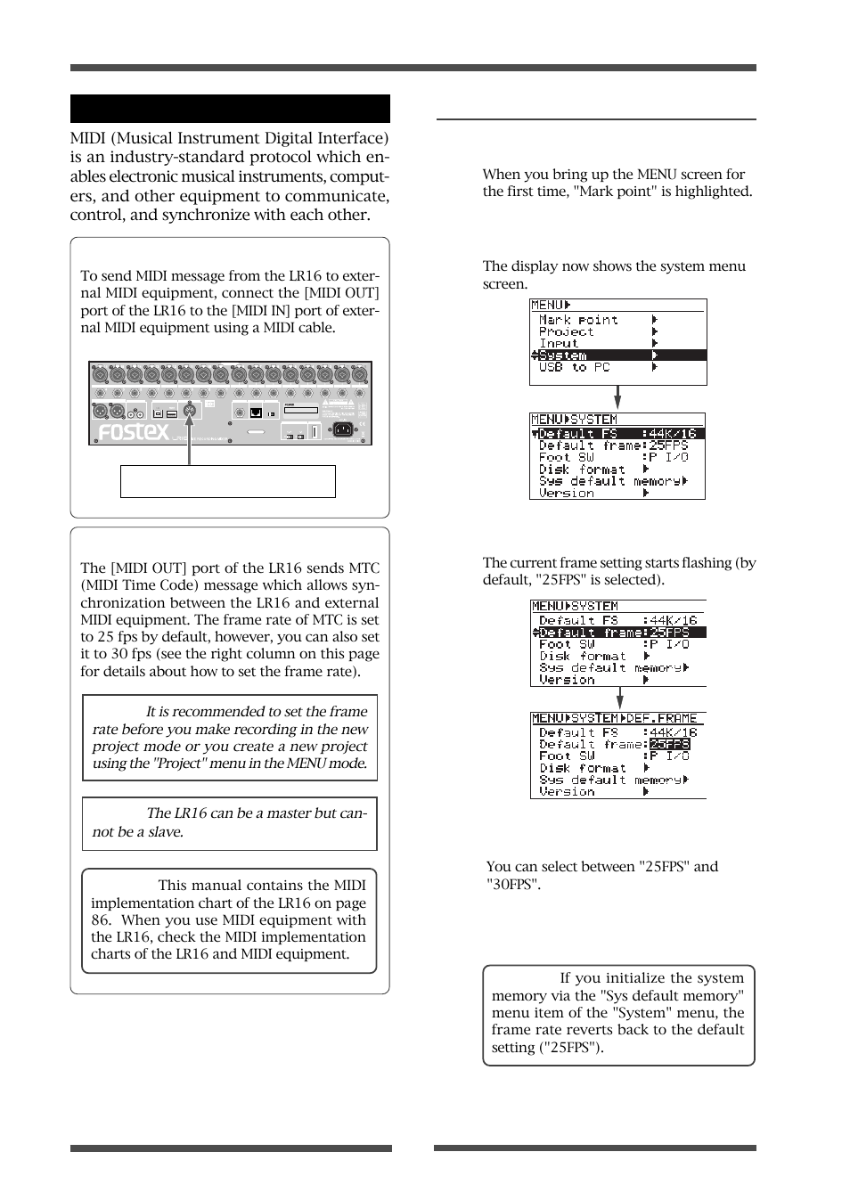 Midi synchronization, Midi message supported by the lr16, Setting frame rate | 5) press the [stop] key to exit the menu mode, The lr16 can be a master but can- not be a slave | Fostex LIVE RECORDING MIXER LR16 User Manual | Page 82 / 92