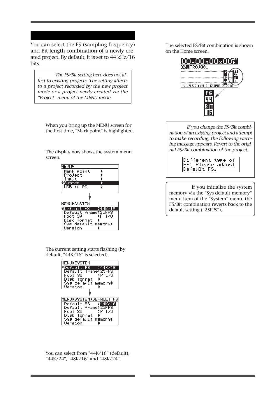 Setting fs/bit of project | Fostex LIVE RECORDING MIXER LR16 User Manual | Page 83 / 92