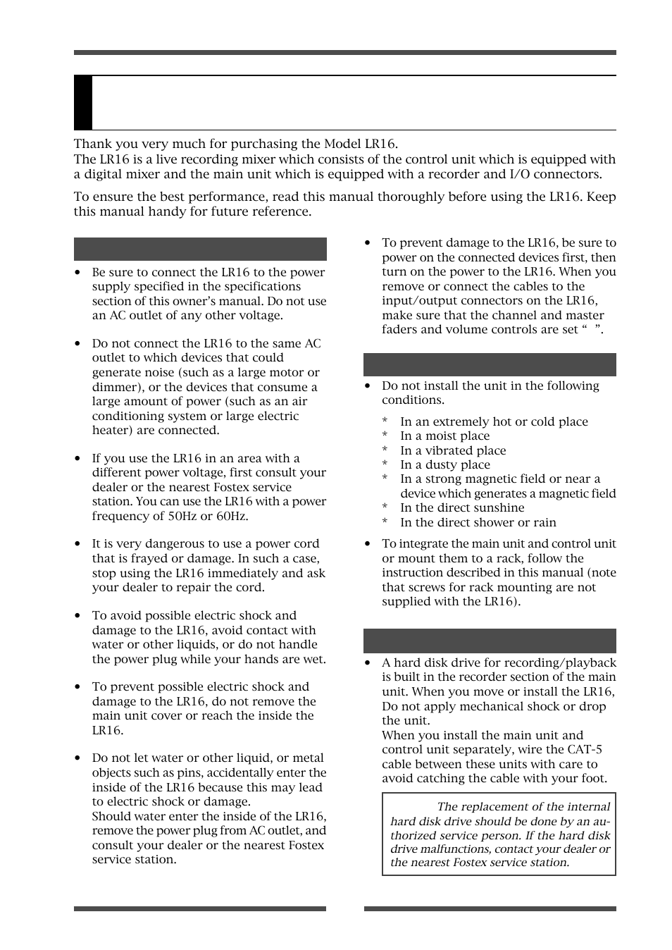 Introduction, About power supply precautions on installation | Fostex LIVE RECORDING MIXER LR16 User Manual | Page 9 / 92