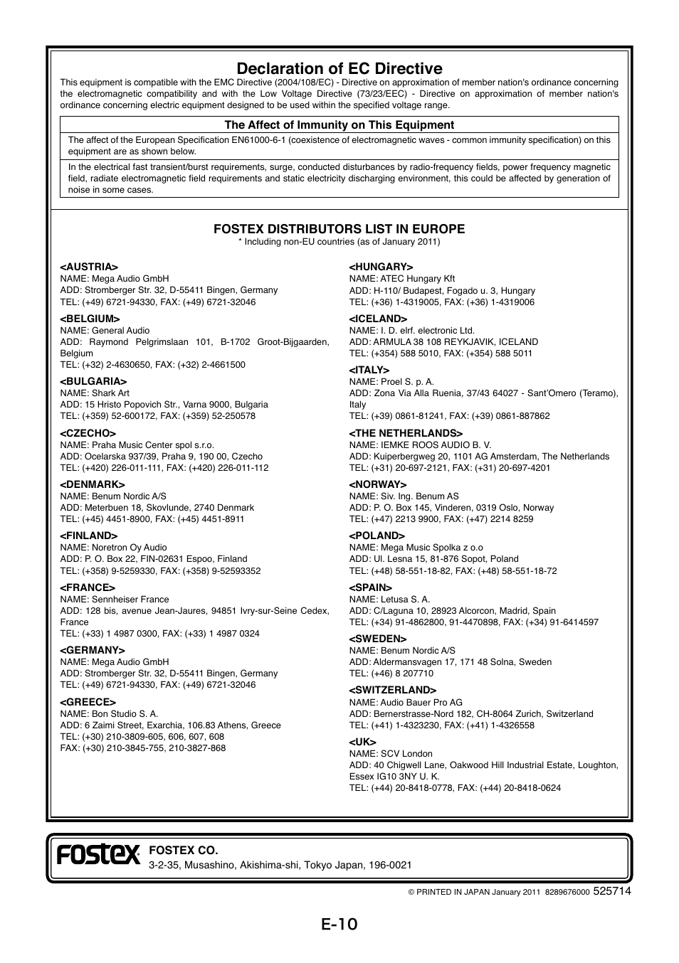 Declaration of ec directive, E-10, Fostex distributors list in europe | Fostex HP-P1 User Manual | Page 10 / 10