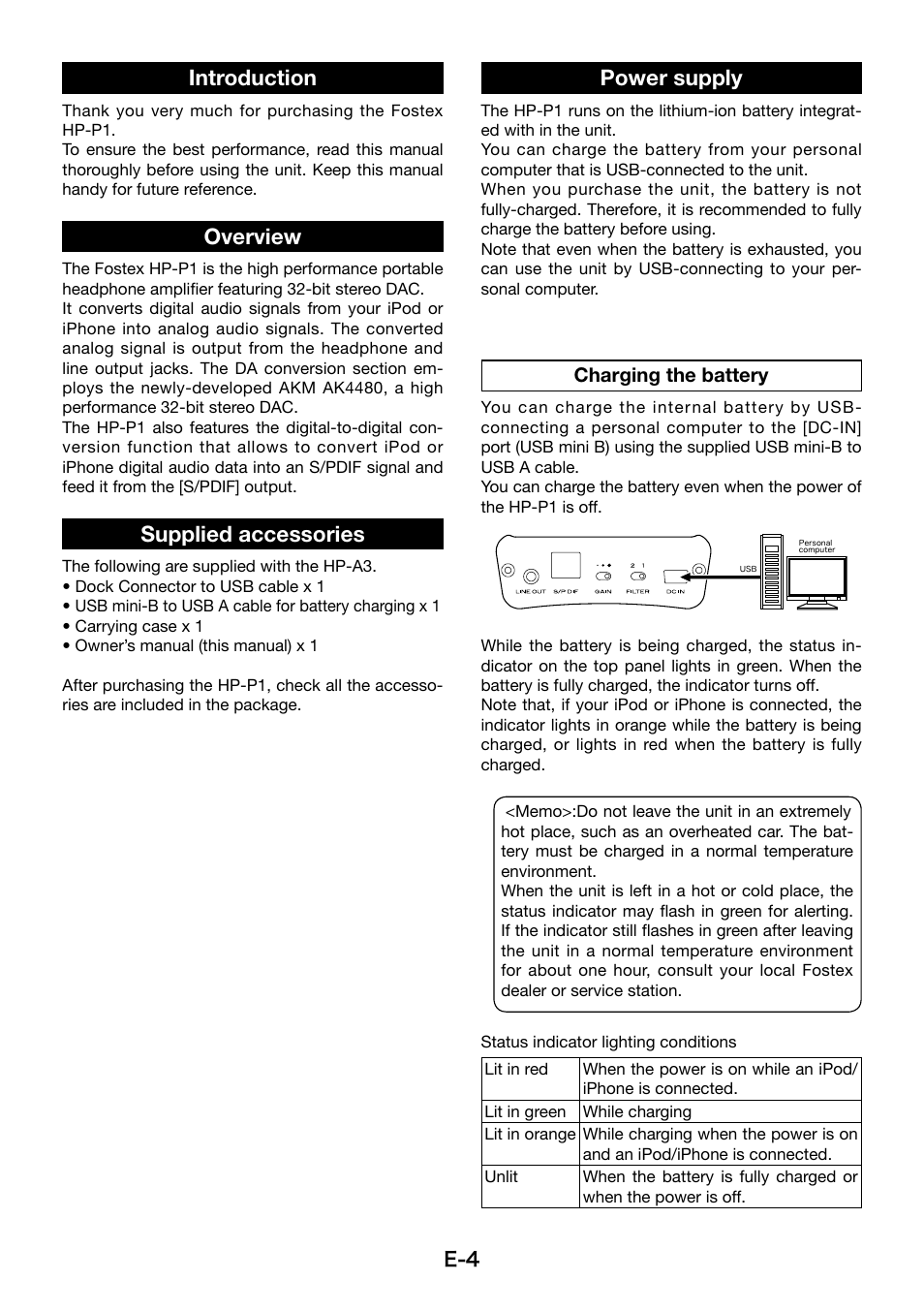 Introduction, Overview, Supplied accessories | Power supply | Fostex HP-P1 User Manual | Page 4 / 10