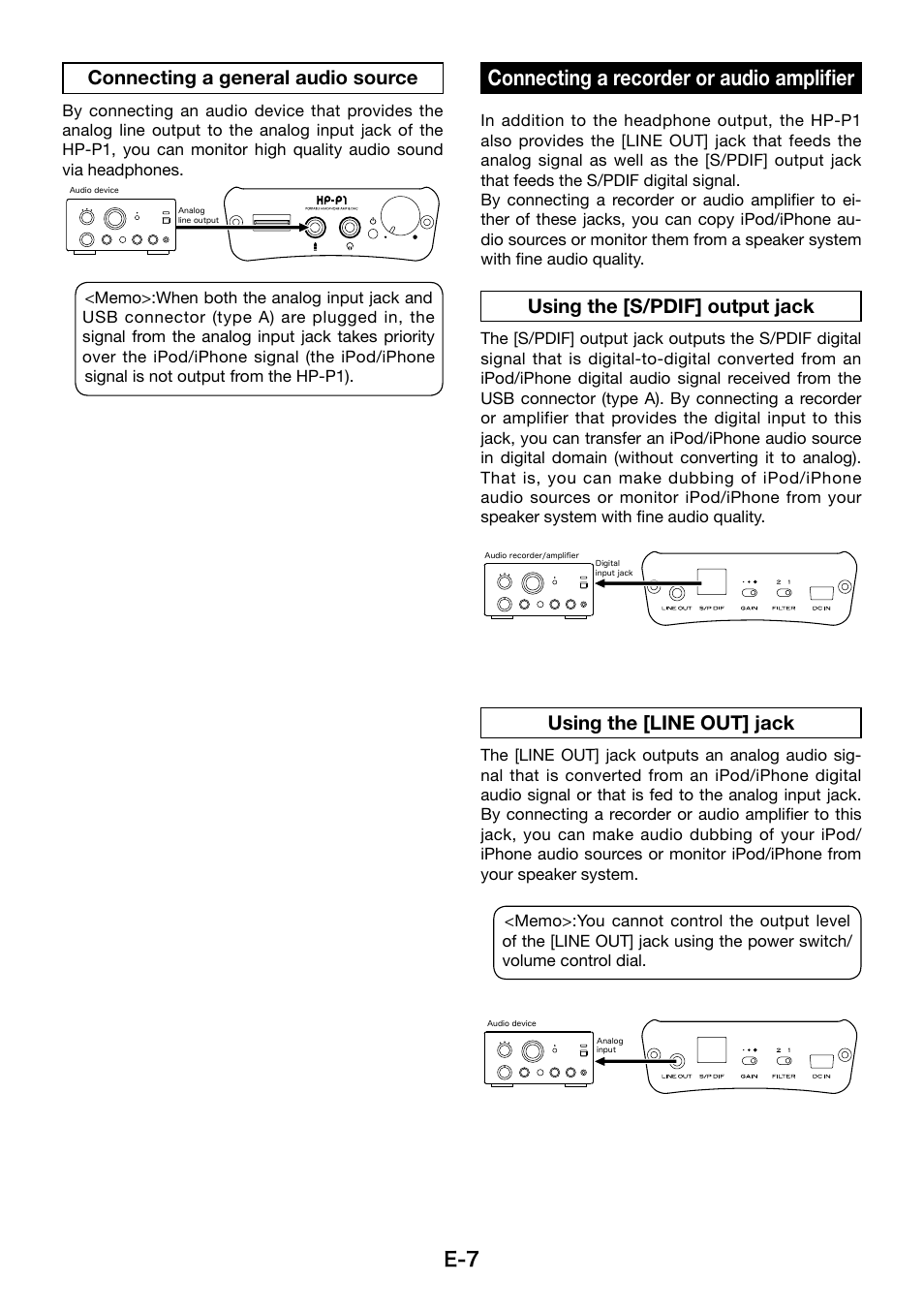 Connecting a recorder or audio amplifier, Using the [s/pdif] output jack, Using the [line out] jack | Connecting a general audio source | Fostex HP-P1 User Manual | Page 7 / 10