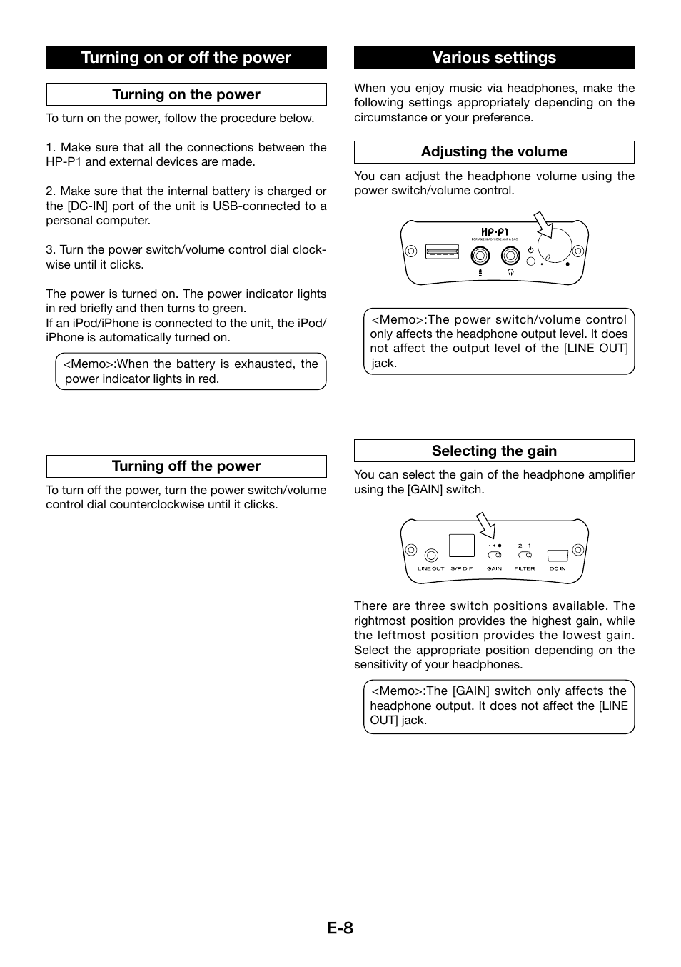 Various settings, Turning on or off the power | Fostex HP-P1 User Manual | Page 8 / 10