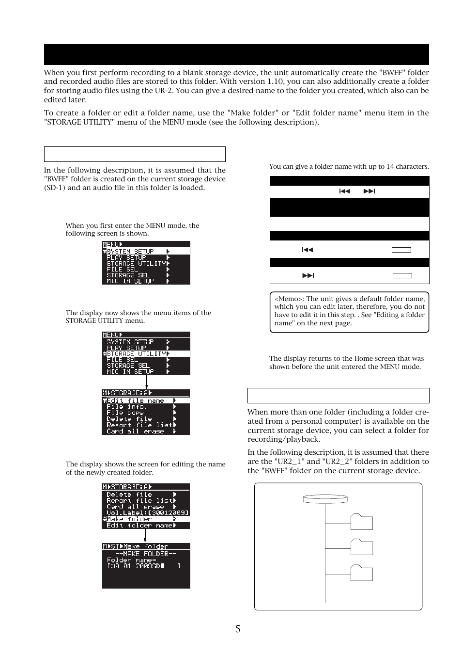 Creating a folder for recorded audio files, Creating a new folder, Selecting a folder | Fostex UR-2 User Manual | Page 5 / 12