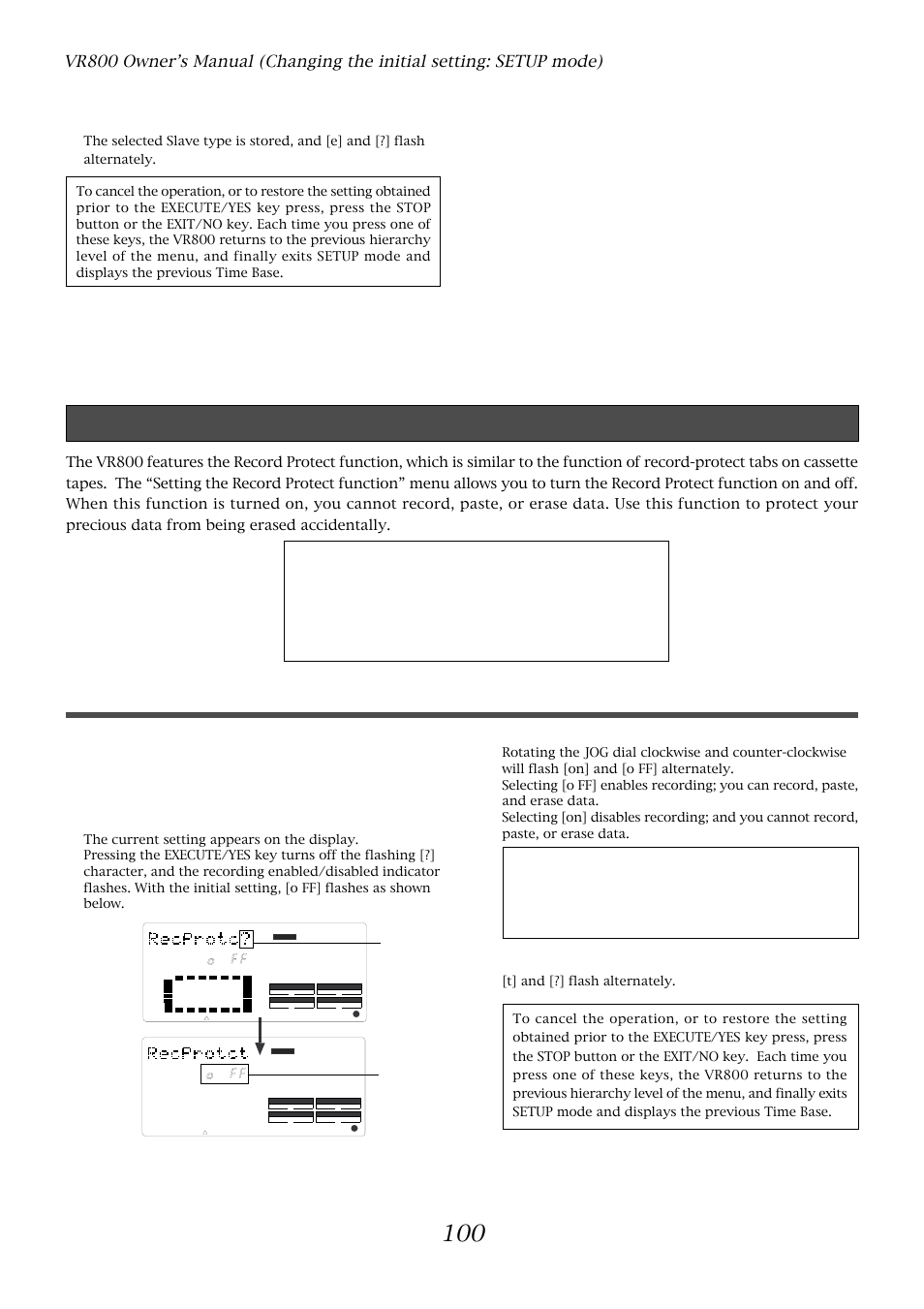 Recording enabled/disabled, Use the jog dial to enable or disable recording, Press the execute/yes key | Fostex VR800 User Manual | Page 100 / 122