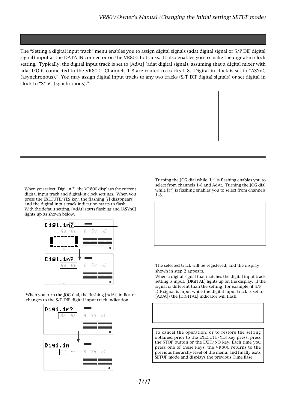 Setting digital input tracks (“digi. in ?” menu), Setting digital input tracks, While the [adat] is flashing, turn the jog dial | Fostex VR800 User Manual | Page 101 / 122