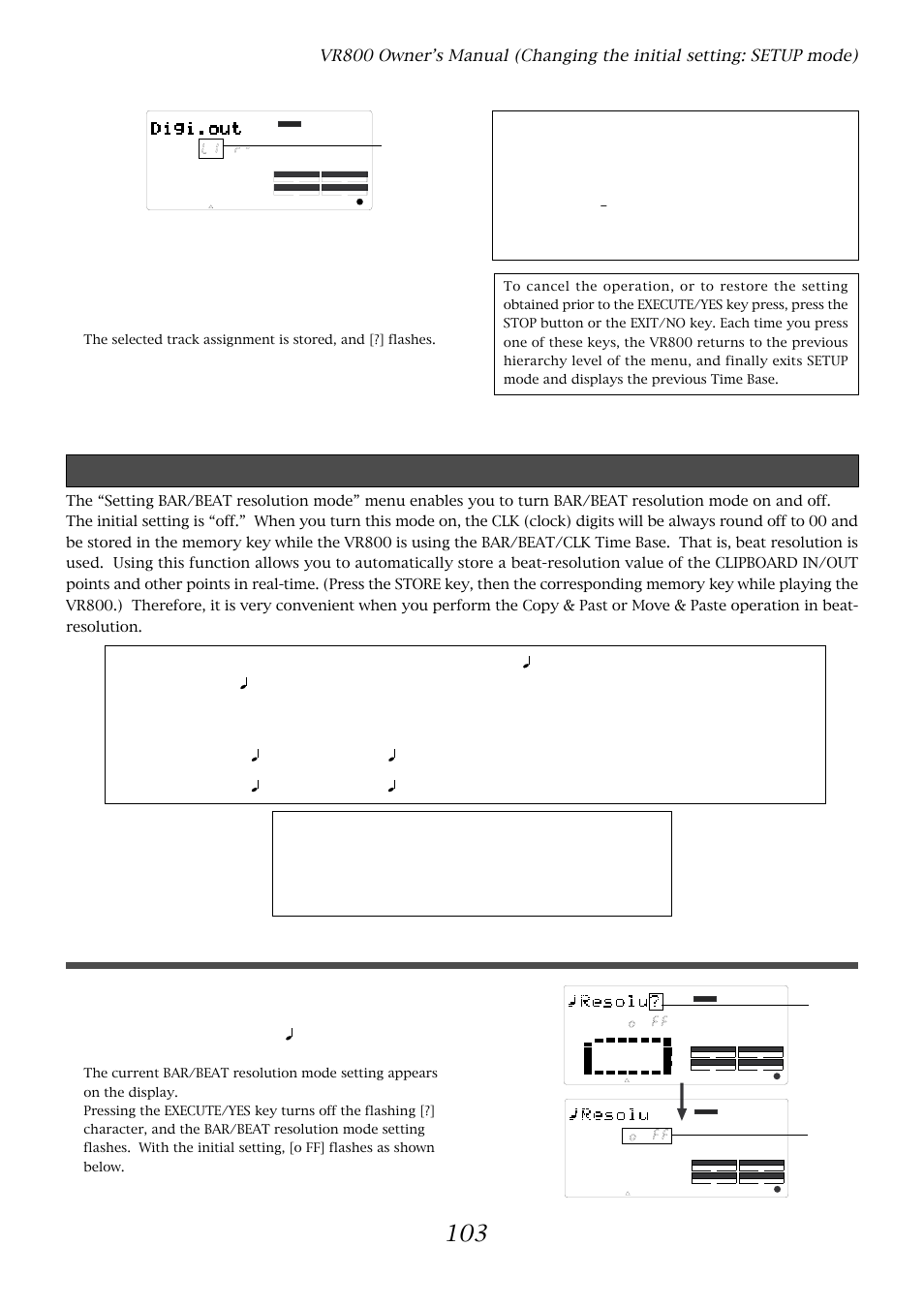 Setting bar/beat resolution mode (“resolu ?” menu), Setting bar/beat resolution mode, Press the execute/yes key | Fostex VR800 User Manual | Page 103 / 122