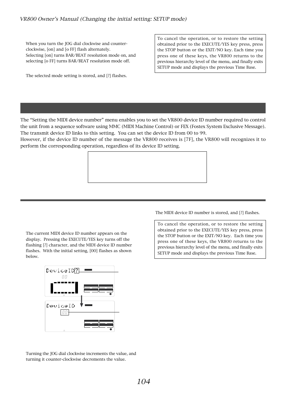 Setting the midi device id, Press the execute/yes key | Fostex VR800 User Manual | Page 104 / 122