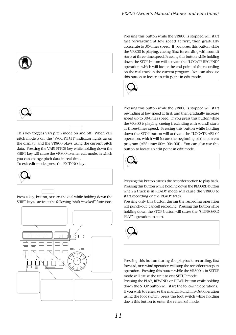 Vr800 owner’s manual (names and functions), Vari pitch key [vari pitch, Shift key | Fast forward button [f fwd, Rewind button [rewind, Play button [play, Stop button [stop, P.edit, Shift, Auto return mode | Fostex VR800 User Manual | Page 11 / 122