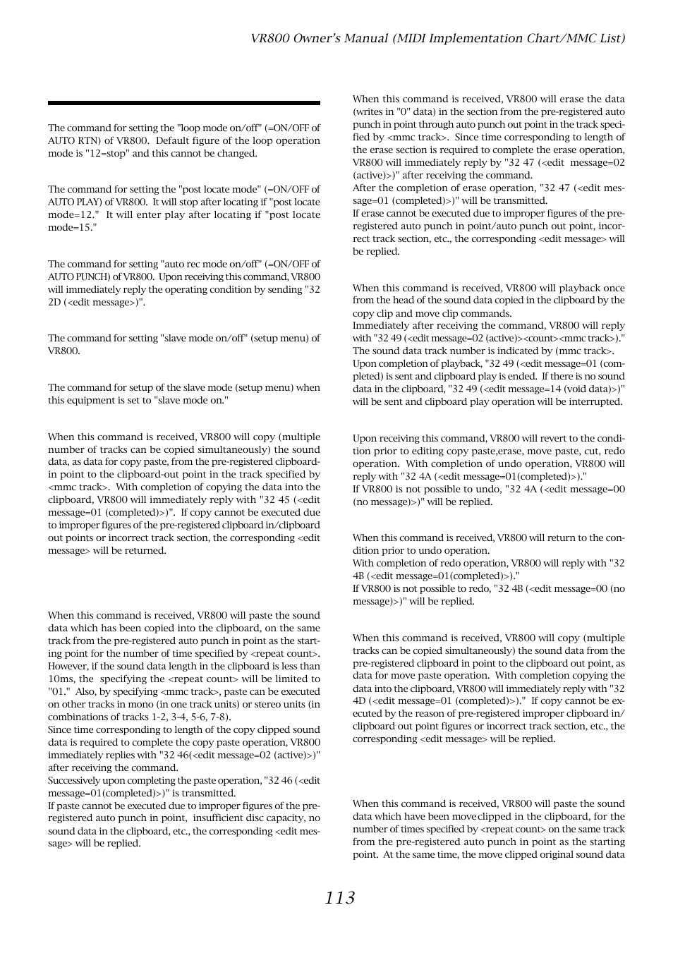 Explanation on the command/mode set | Fostex VR800 User Manual | Page 113 / 122