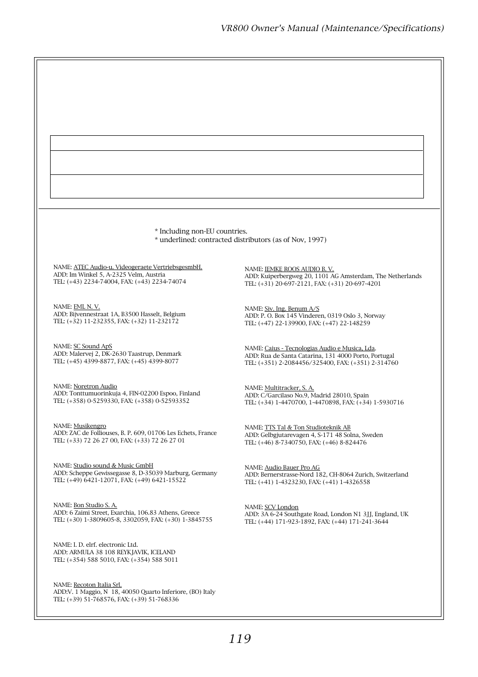 Declaration of ec directive, 119 fostex distributors list in europe, The affect of immunity on this equipment | Fostex VR800 User Manual | Page 119 / 122