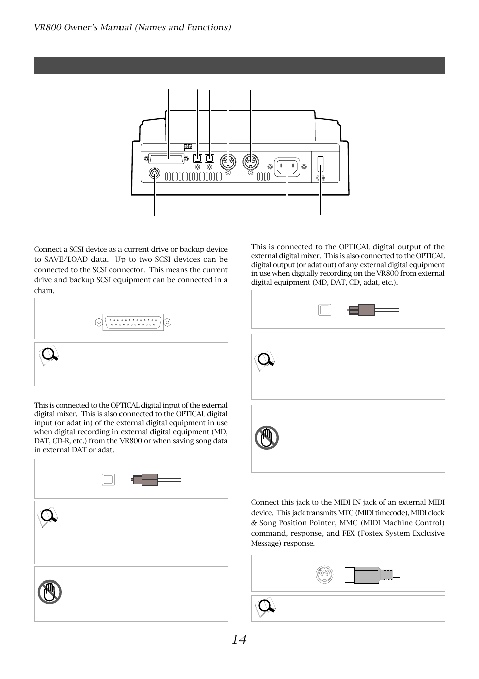 Rear panel, Vr800 owner’s manual (names and functions), Data output jack [data out | Data input jack [data in, Scsi connector [scsi, Midi out jack [midi out | Fostex VR800 User Manual | Page 14 / 122