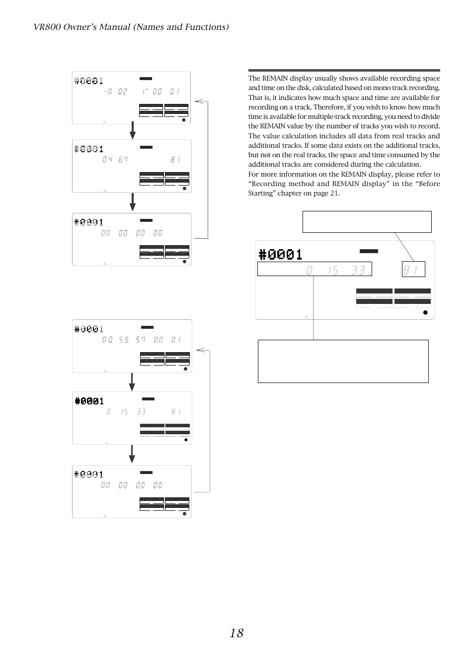 The remain display, Vr800 owner’s manual (names and functions), 1khz | Fostex VR800 User Manual | Page 18 / 122