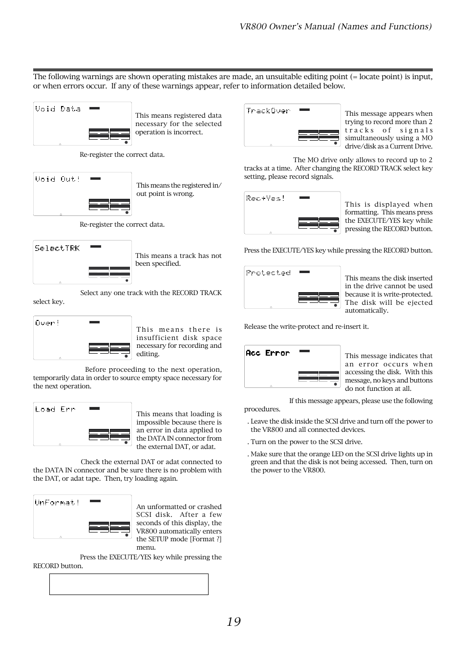 Warning messages, Vr800 owner’s manual (names and functions), Void out !> message | Select trk> message, Over !> message, Load err > message, Unformat !> message, Protected> message, Rec + yes !> message, Track over> message | Fostex VR800 User Manual | Page 19 / 122