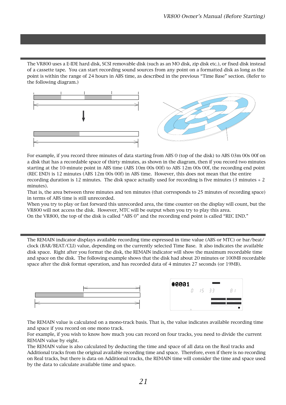 Recording method and remain indicator, Recording method, Remain indicator | Vr800 owner’s manual (before starting) | Fostex VR800 User Manual | Page 21 / 122